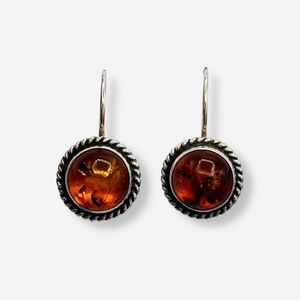 Sterling Silver Vintage Baltic Amber‎ Dangle Earrings Cabochon